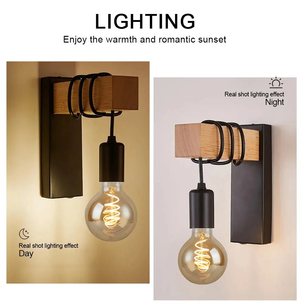 Retro Wood LED Wall Lamp - E27 Industrial Loft Light Fixture (110V/220V) for Living Room, Bedroom, Bathroom, and Restaurant Decor