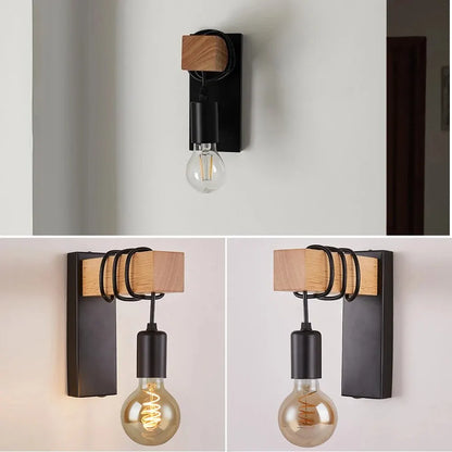 Retro Wood LED Wall Lamp - E27 Industrial Loft Light Fixture (110V/220V) for Living Room, Bedroom, Bathroom, and Restaurant Decor