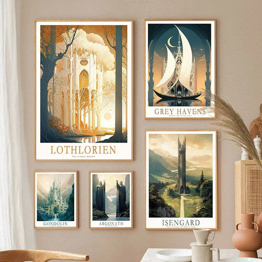 Ring Middle-Earth Retro Travel Poster – Dark Forest & Tank Tower Movie Wall Art Canvas Painting for Nordic Living Room Decor