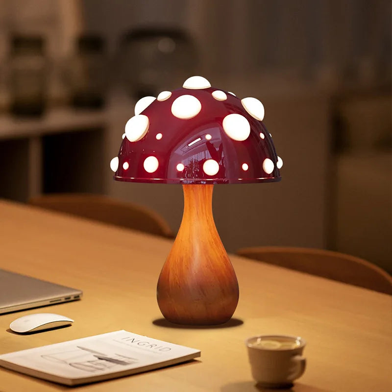 Amanita Mushroom Desk Lamp with LED Tricolor Bulb – AC or USB Powered, Warm Light, Biomimetic Fly Agaric Design for Living Room, Bedroom, or Hotel Use.