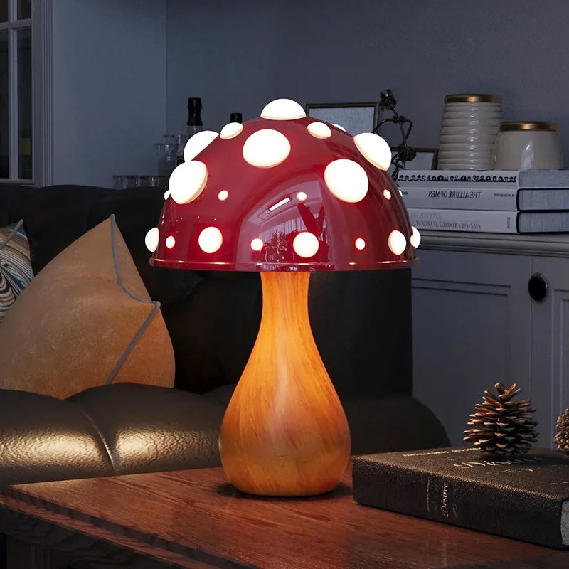 Amanita Mushroom Desk Lamp with LED Tricolor Bulb – AC or USB Powered, Warm Light, Biomimetic Fly Agaric Design for Living Room, Bedroom, or Hotel Use.