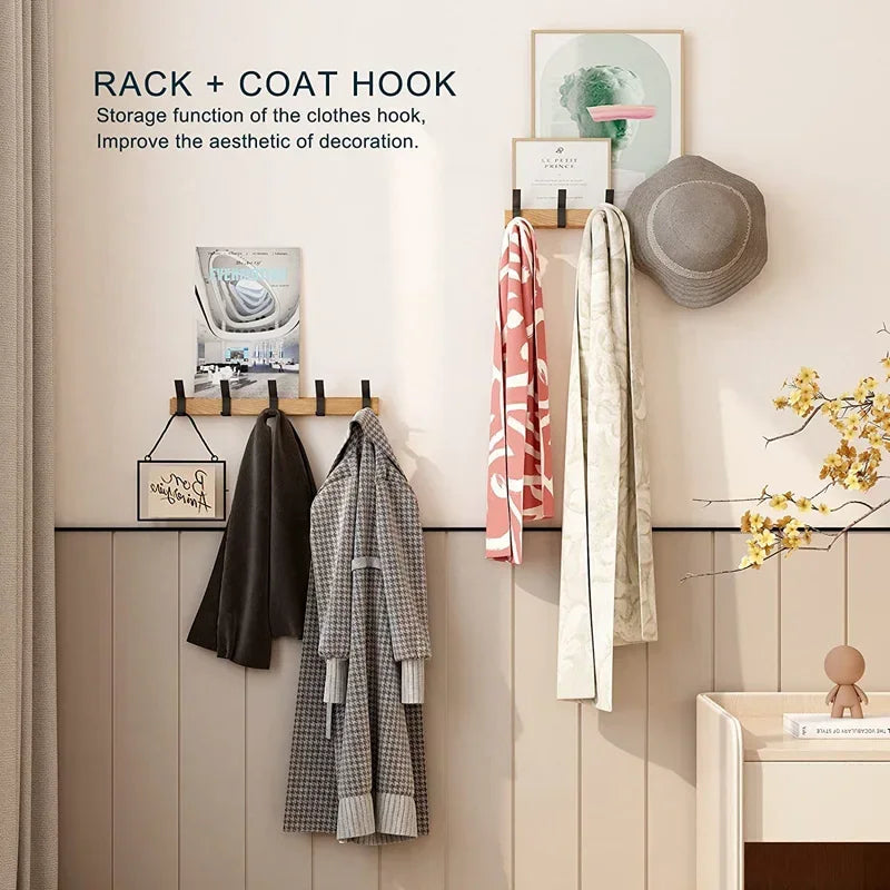 Nordic Wall Mounted Coat Rack with Movable 5 Hooks – Aluminum & Wooden Hanger for Hats, Towels, Robes, and More