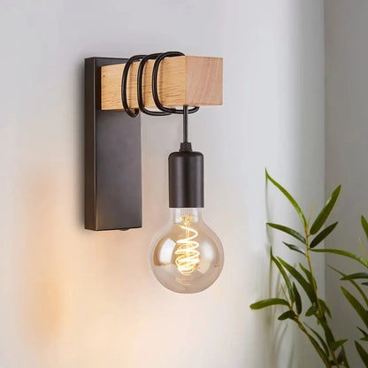 Retro Wood LED Wall Lamp - E27 Industrial Loft Light Fixture (110V/220V) for Living Room, Bedroom, Bathroom, and Restaurant Decor