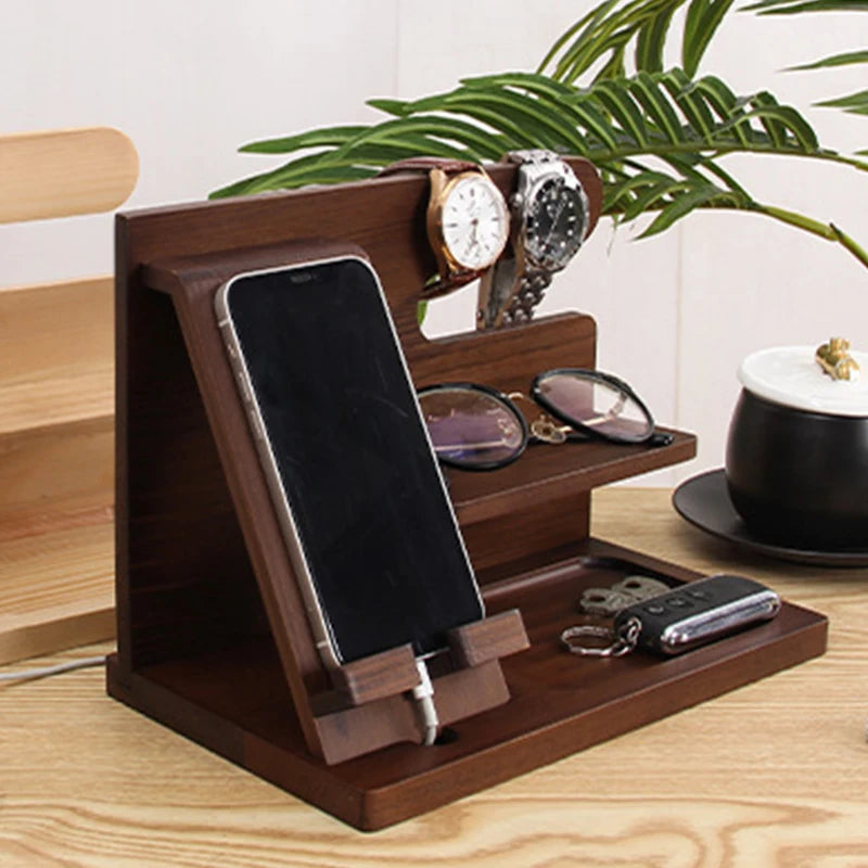 Wooden Bedside Organizer – Phone Docking Station, Key Holder, Wallet Stand, and Watch Organizer, Perfect Gift for Him