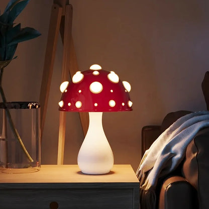 Amanita Mushroom Desk Lamp with LED Tricolor Bulb – AC or USB Powered, Warm Light, Biomimetic Fly Agaric Design for Living Room, Bedroom, or Hotel Use.