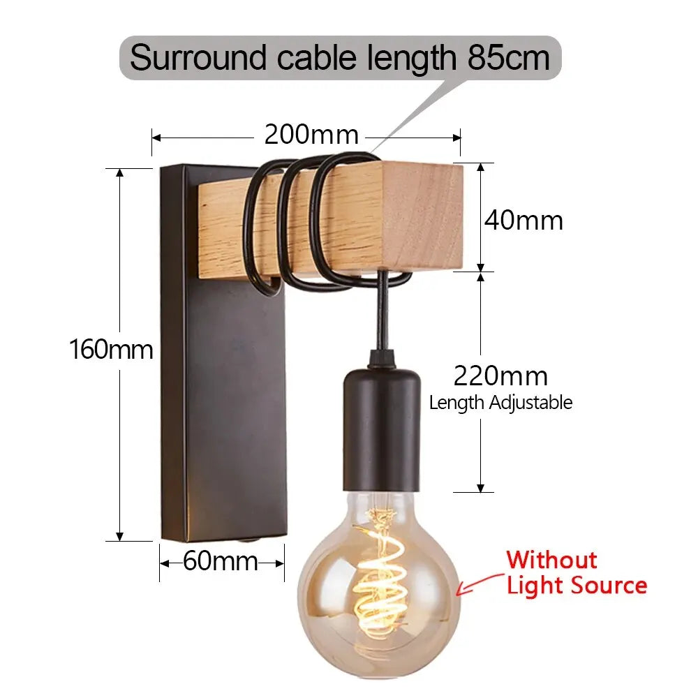 Retro Wood LED Wall Lamp - E27 Industrial Loft Light Fixture (110V/220V) for Living Room, Bedroom, Bathroom, and Restaurant Decor