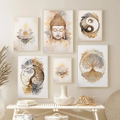 Nordic Tree of Life & Buddha Canvas Prints – Spiritual Wall Art for Modern Living Spaces